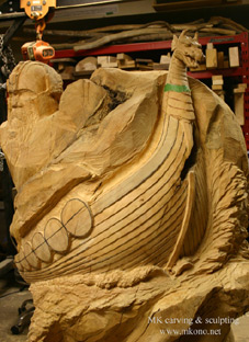 progress6 Odin Viking ship wood carving